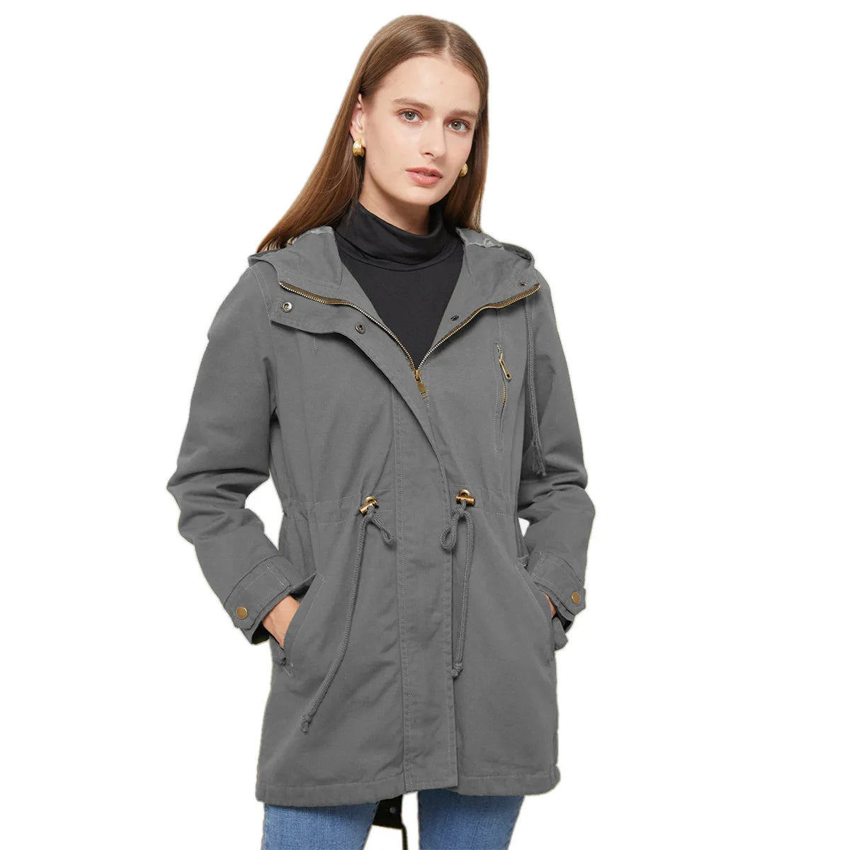 Women's comfortable hooded windbreaker trench coat