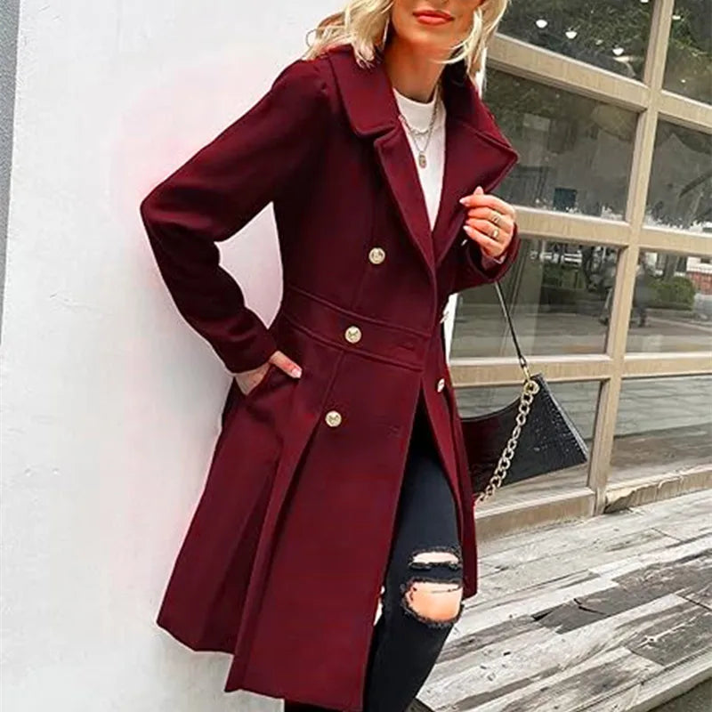 Women's woolen trench coat with skirt hemline double breasted