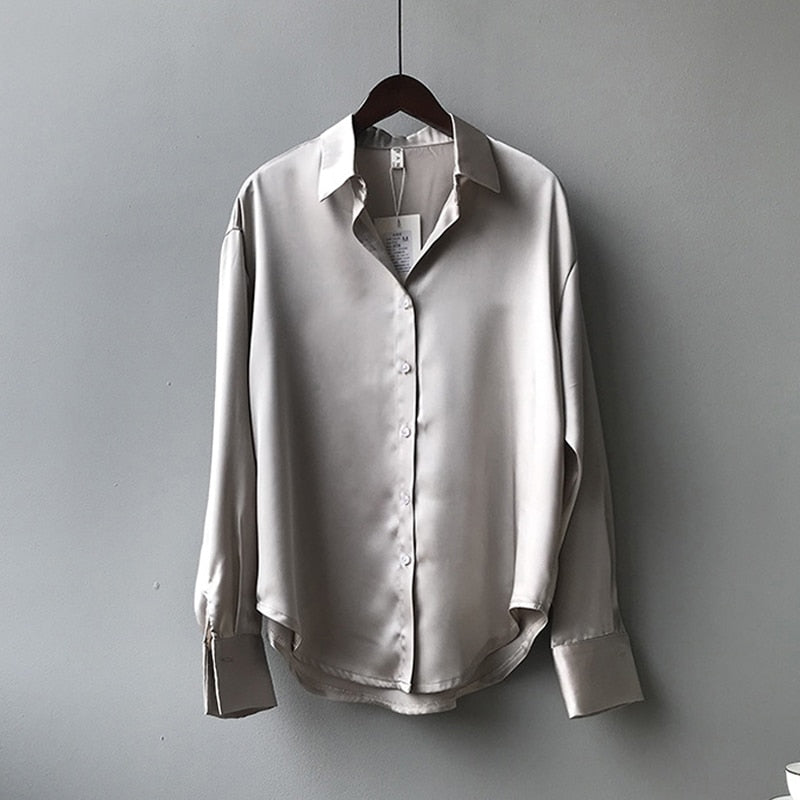 Women's Silk Blouse - Classic Button-Down - Collared Neck - Long Sleeve Relaxed Fit