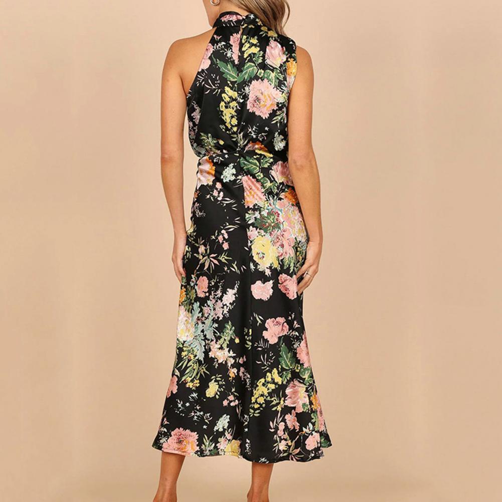 Women's Halter Neck Midi Dress - Sleeveless Flowing Fit - Elegant Floral Design