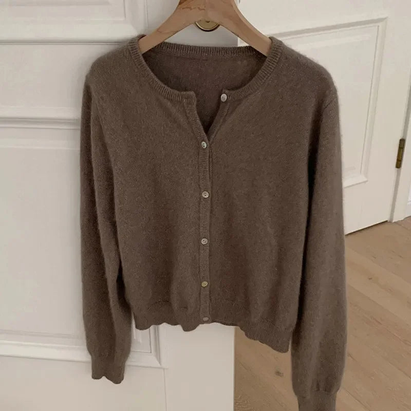 Women’s Cardigan Sweater – Soft Wool Blend – Relaxed Fit – Crew Neck – Button-Up Front