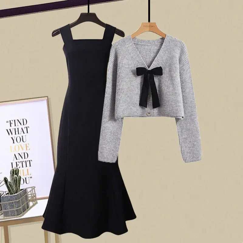 women's knitted cardigan fishtail dress two-piece set