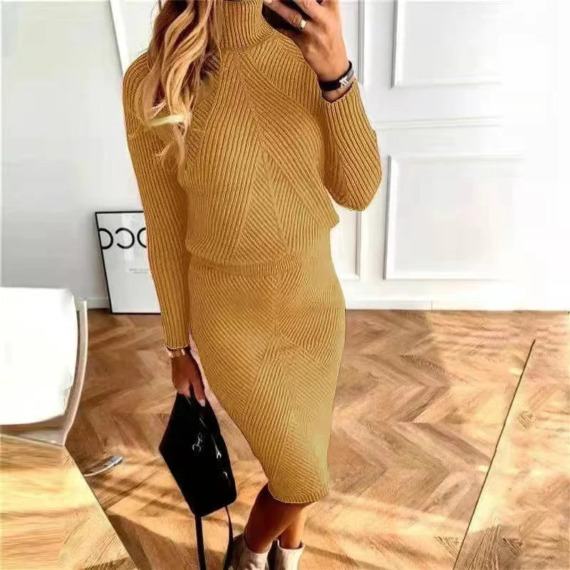 Women's turtleneck knit sweater skirt set