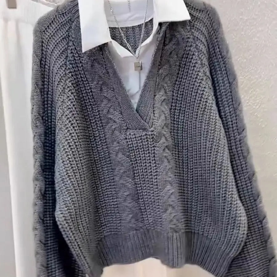 Women's Knitted Sweater - Cable Knit - V-Neck Cropped - Long Balloon Sleeves