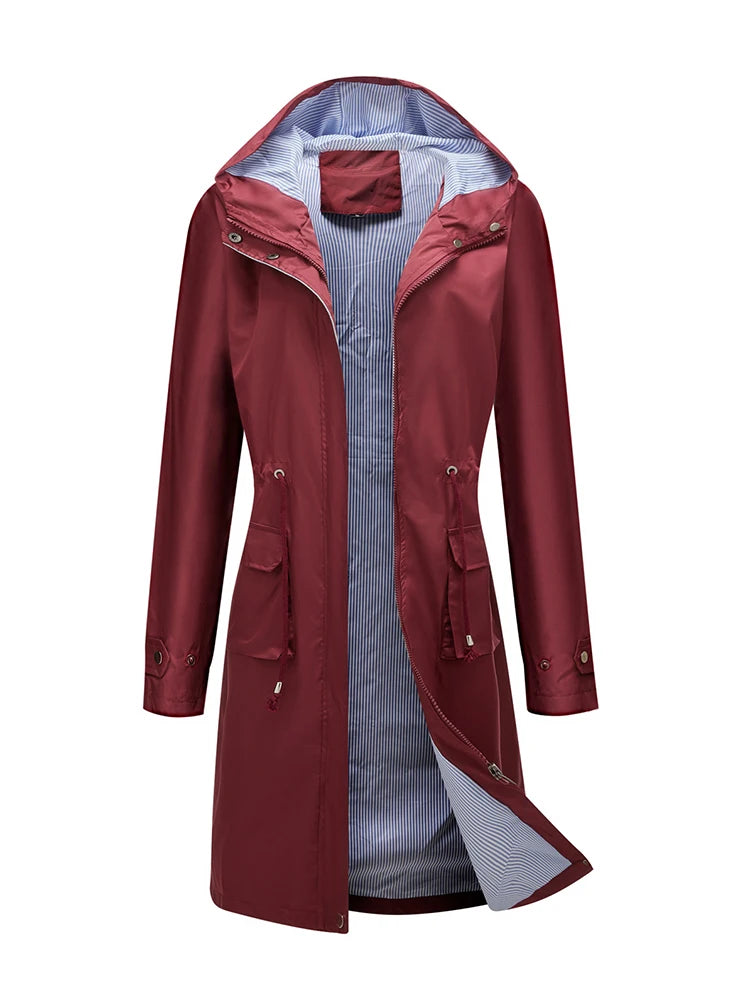 Women's waterproof hooded trench coat with striped lining