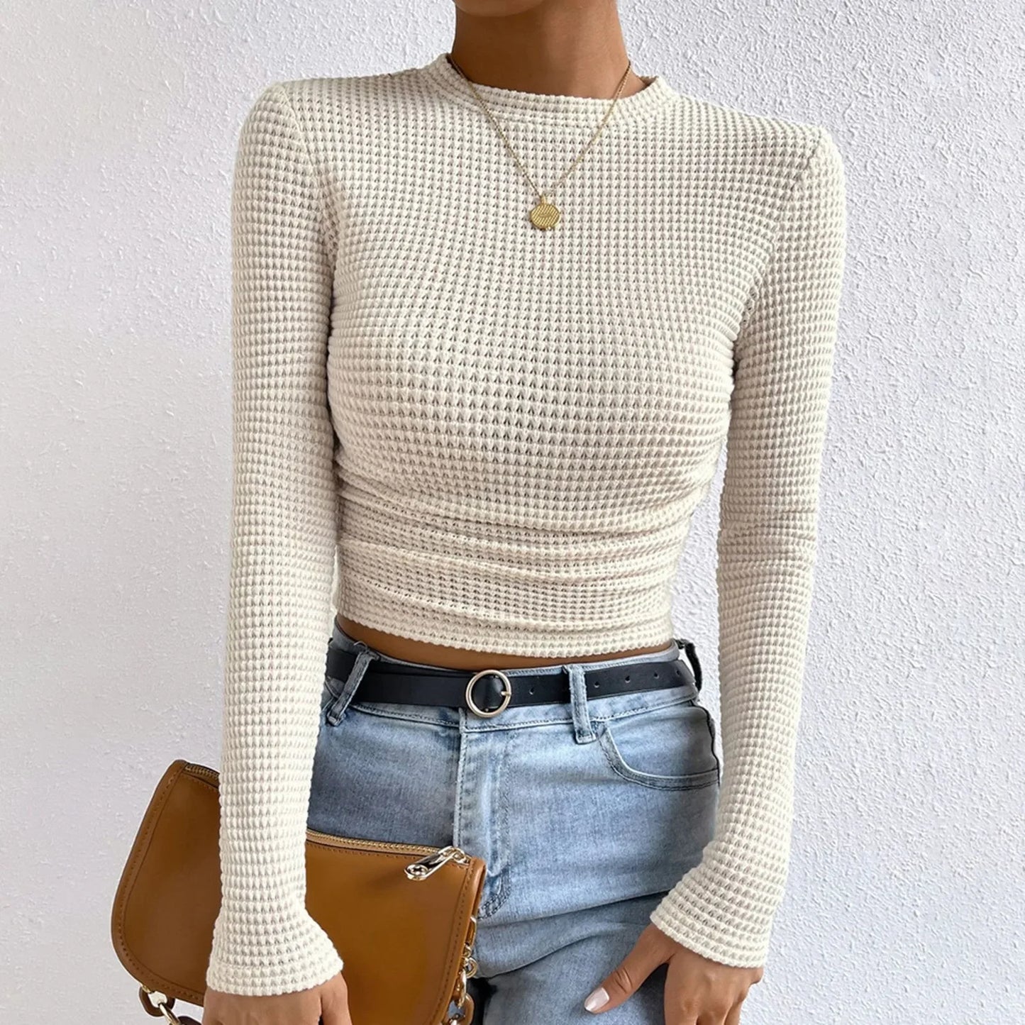 Women's basic waffle long sleeve t-shirt slim fit top