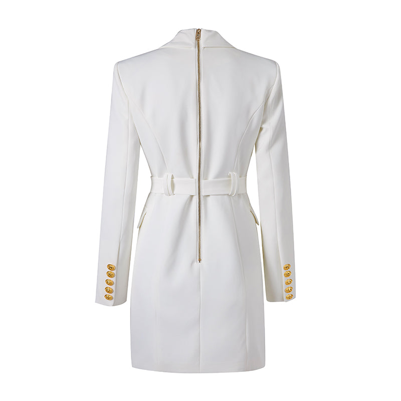 Women's Blazer Dress - Double Breasted - Tailored Fit - Waist Belt - Long Sleeve