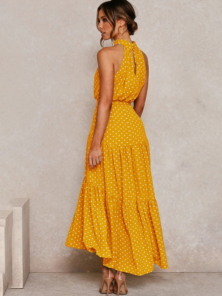 Women's Halter Midi Dress - Polka Dot Print - Tiered Flowy Skirt - Waist Tie