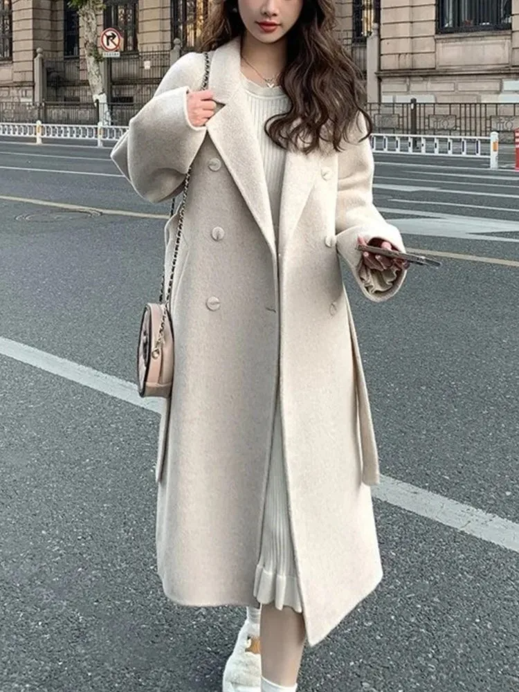 Women’s Long Overcoat – Wool Blend – Loose Fit – Double Breasted – Belted Waist