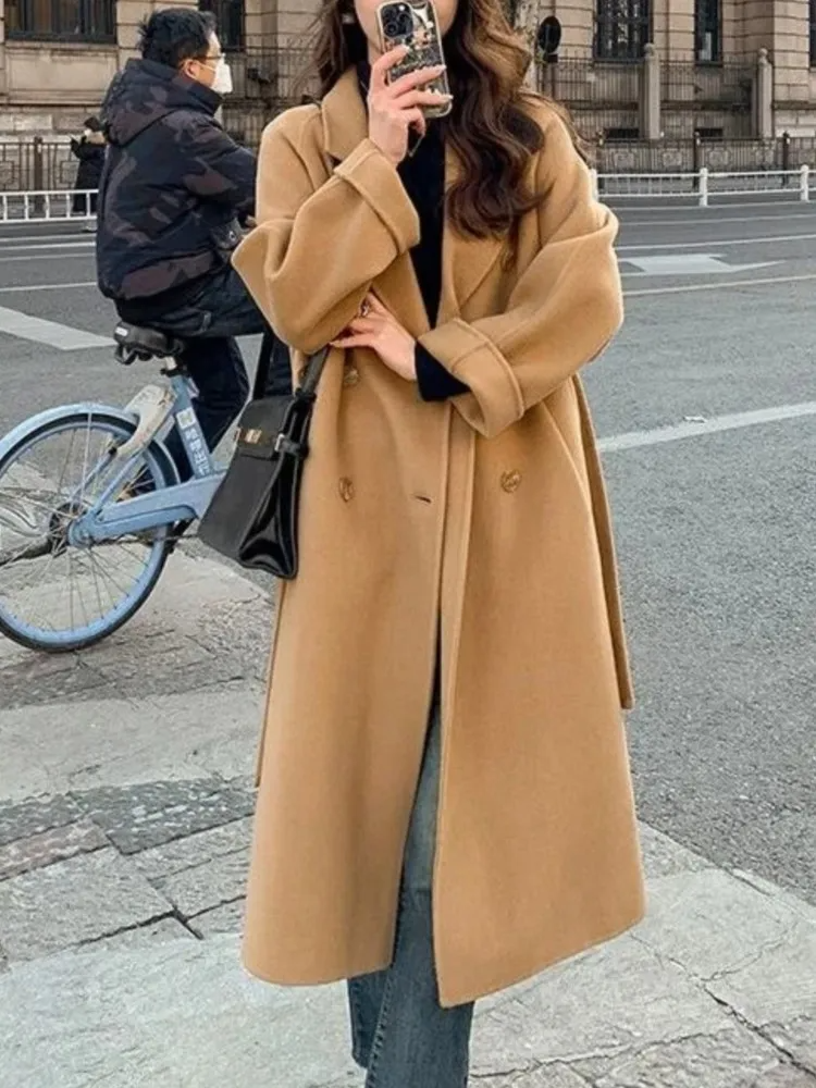 Women’s Long Overcoat – Wool Blend – Loose Fit – Double Breasted – Belted Waist