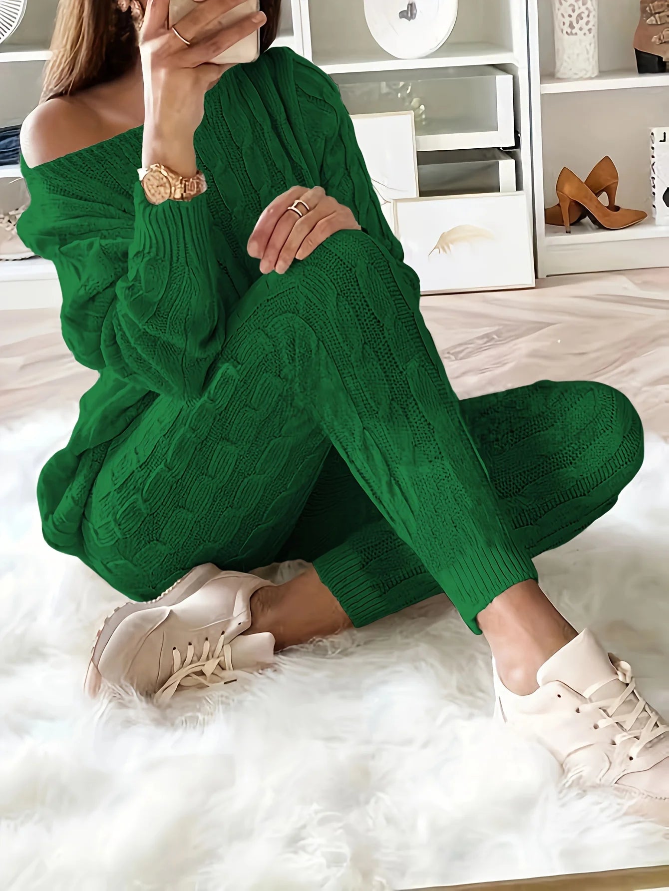 Women's casual knitted sweater and elastic pants set