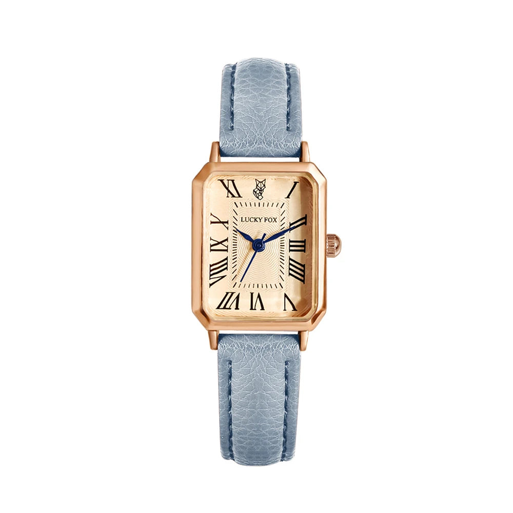 Women's vintage-inspired rectangular watch with leather strap