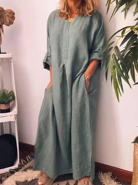 Women's Linen Maxi Dress - Long Sleeve - Loose Fit - Lightweight Breathable Fabric