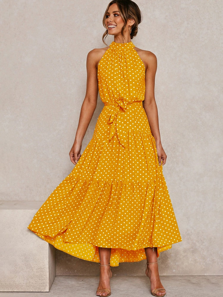 Women's Halter Midi Dress - Polka Dot Print - Tiered Flowy Skirt - Waist Tie