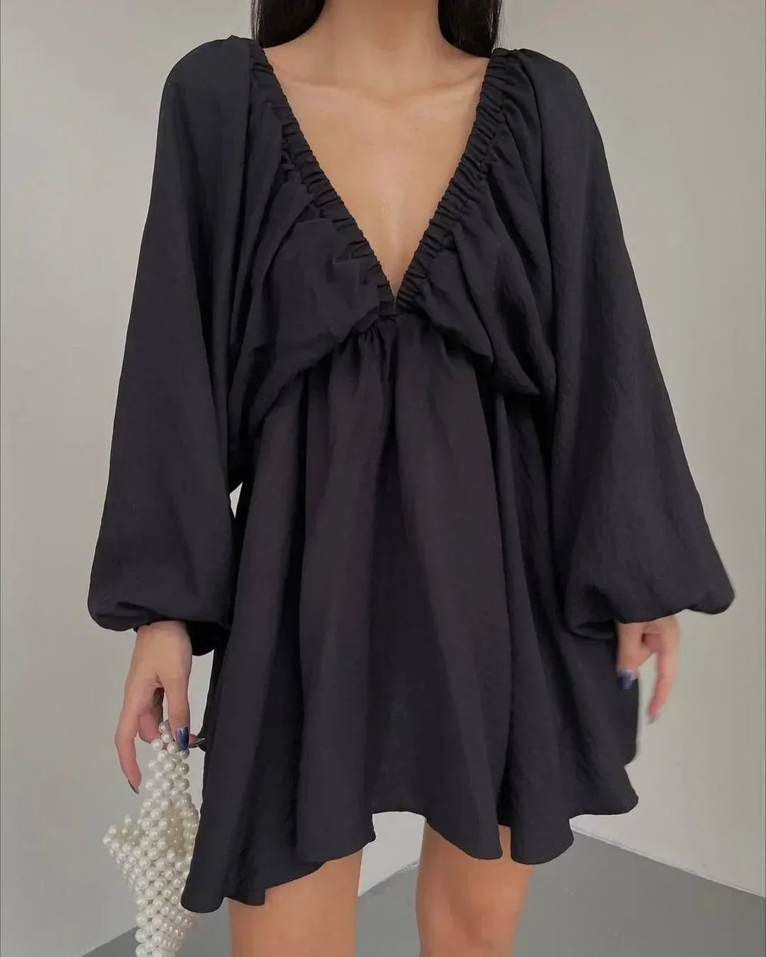 Women's Mini Dress - Deep V-Neck Ruched Front - Long Bishop Sleeves - Belted Waist