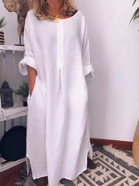 Women's Linen Maxi Dress - Long Sleeve - Loose Fit - Lightweight Breathable Fabric