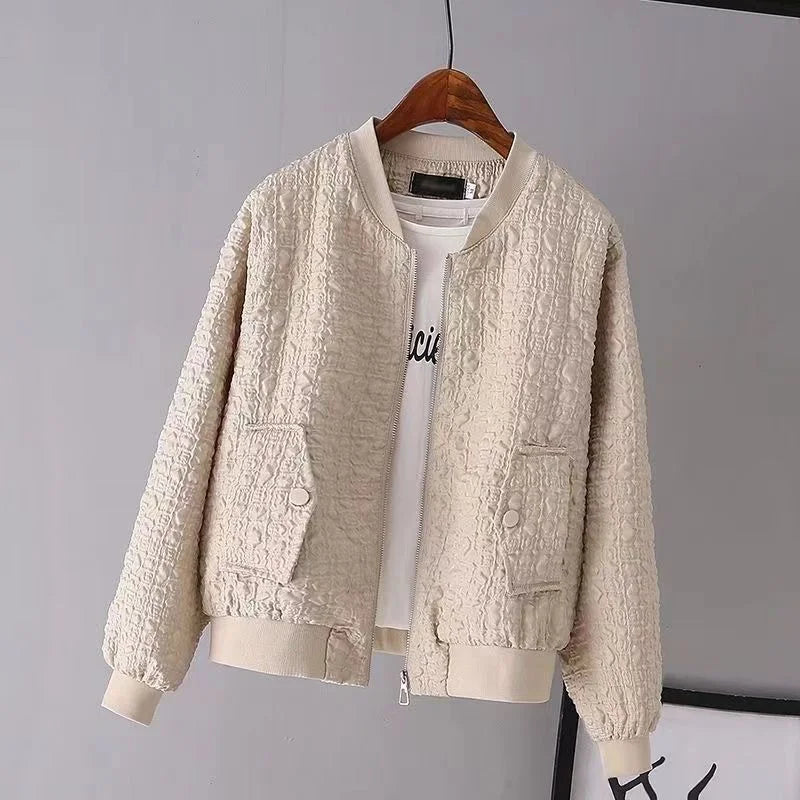 Women’s Bomber Jacket - Textured Fabric - Relaxed Fit - Front Zip - Flap Pockets