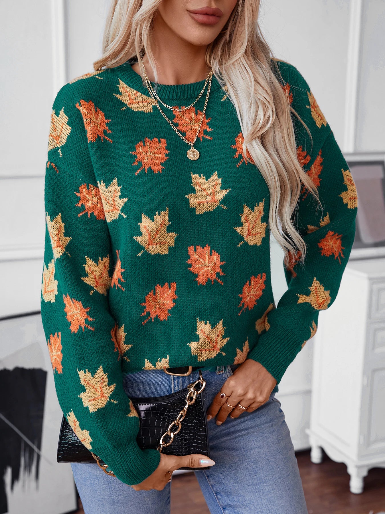 Knitted Maple Leaf Pullover Autumn Winter Sweater