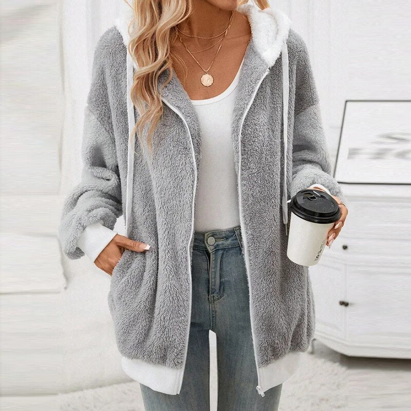 Women’s Sherpa Jacket - Hooded Zip-Up - Plush Fleece - Ribbed Hem - Casual Fit
