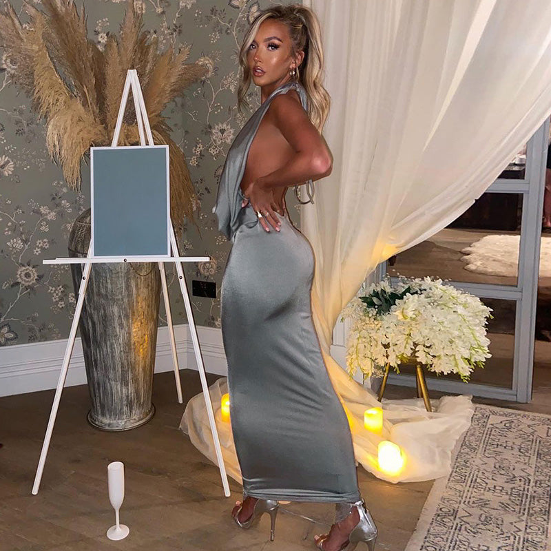 Women's Halter Neck Maxi Dress - Plunging V-Neck - Draped Bodice - Elegant Evening Gown