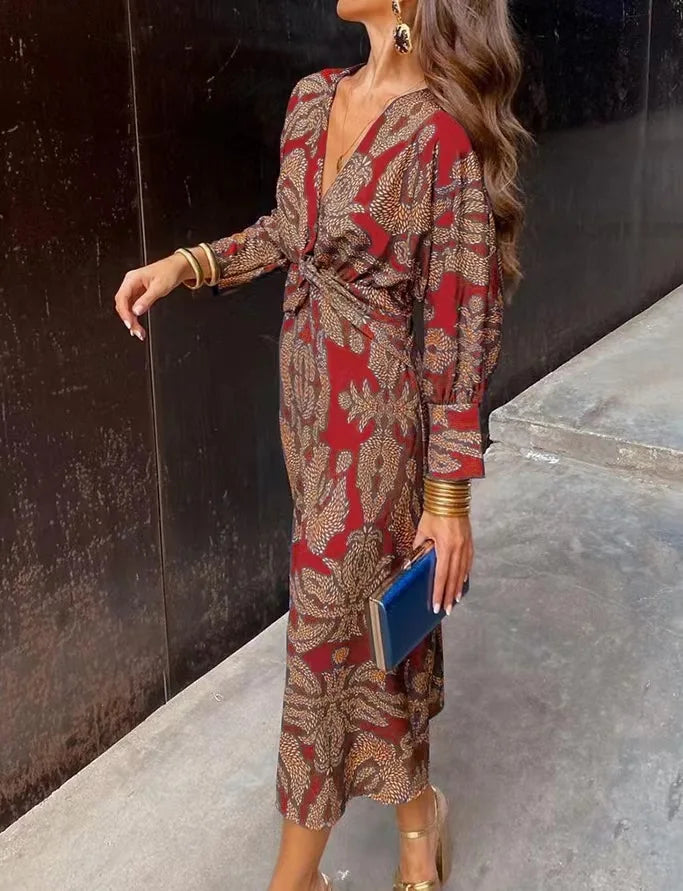 Women's Midi Dress - V-Neck - Long Sleeve - Form-Fitting Elegant Style
