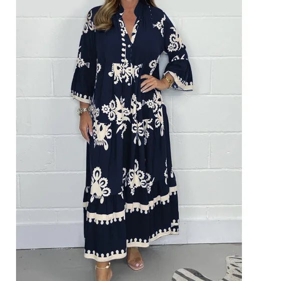 Women's elegant printed stand-up collar waist dress