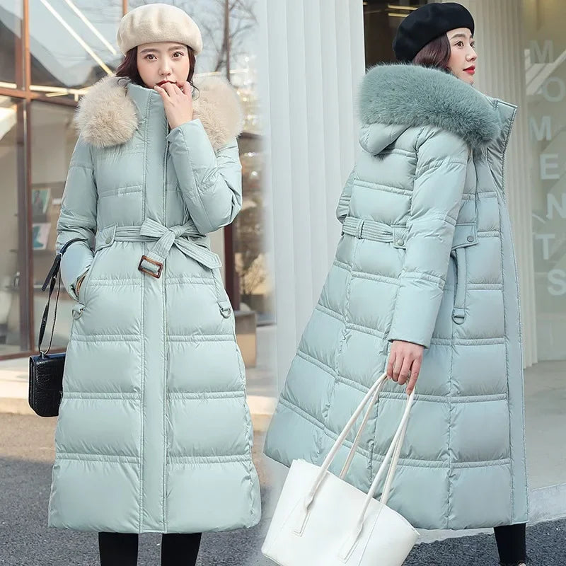 Women's long faux fur collar padded winter jacket