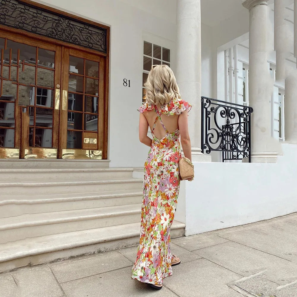 Women's Floral Dress - V-Neck - Fitted Waist - Flutter Sleeve - Elegant Maxi
