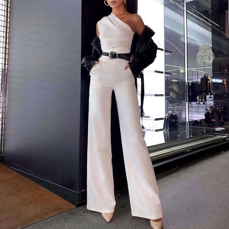 Women's One-Shoulder Jumpsuit – Asymmetrical Neckline – Waist Belt – Wide-Leg Elegant Fit