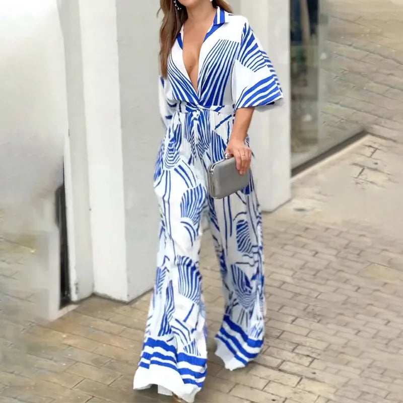 Women's Jumpsuit - Wide Leg - Long Sleeve Button Down - Abstract Print Elegant Fit