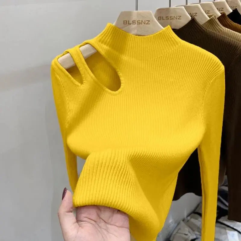 Women's half turtleneck hollow knitted top
