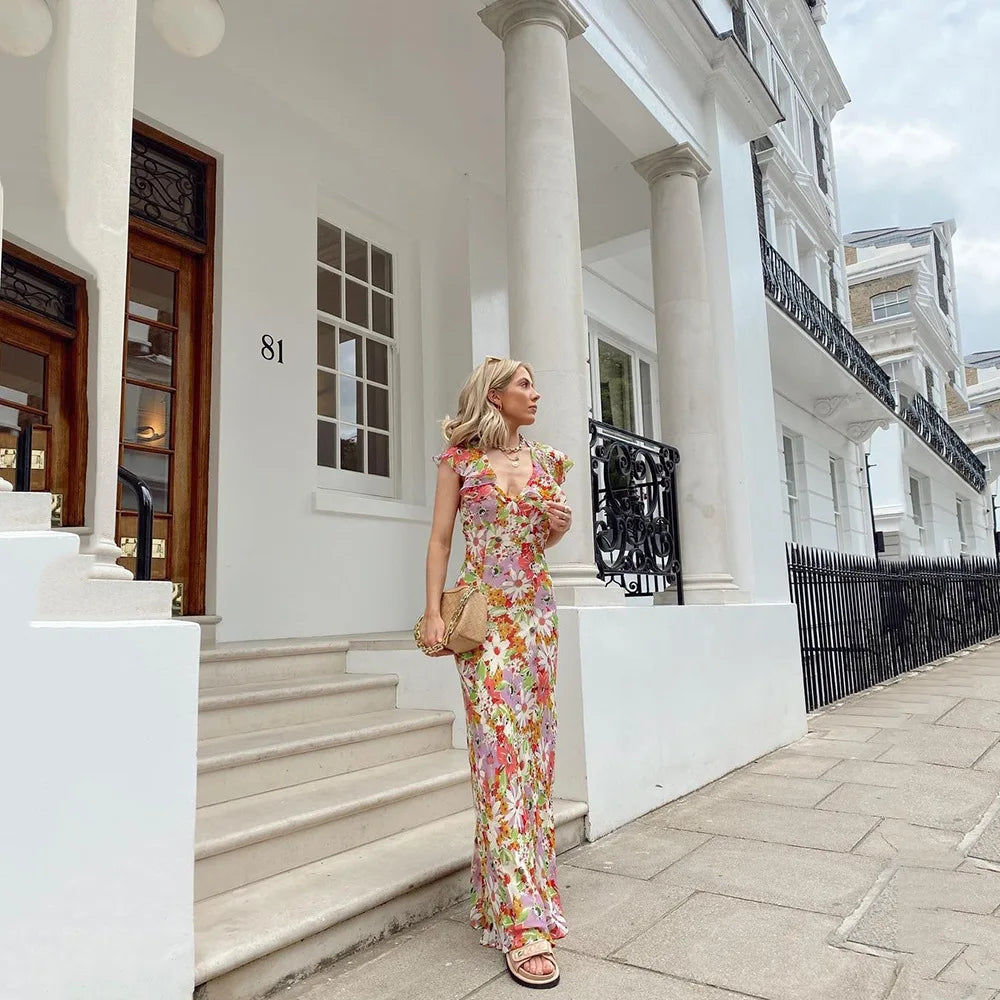 Elegant Floral Flutter Sleeve Maxi Dress