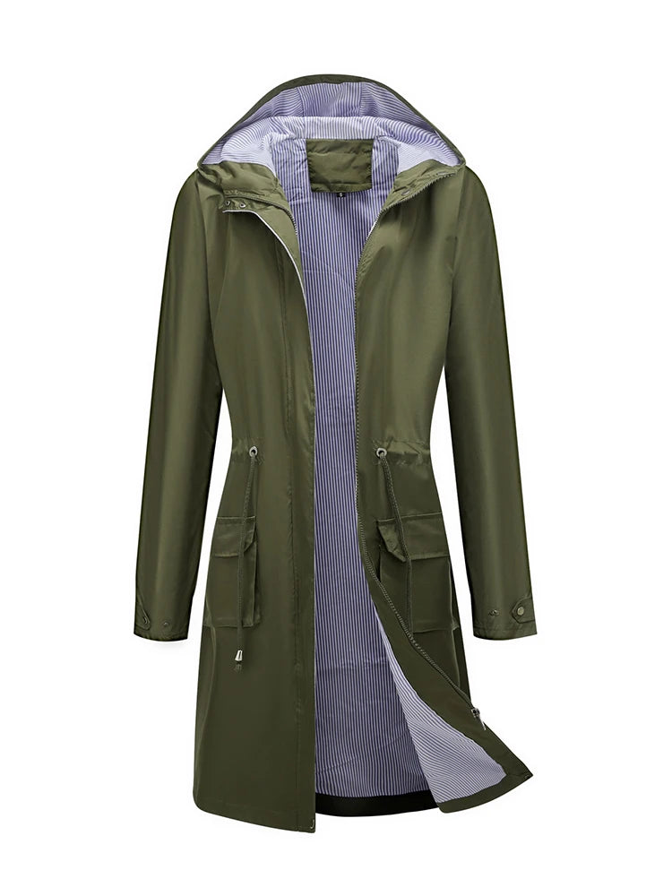 Women's waterproof hooded trench coat with striped lining