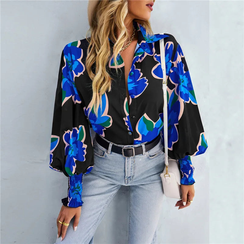 Women's Blouse - Floral Print - Relaxed Fit - Long Sleeve Smocked Cuffs - V-Neck Buttons