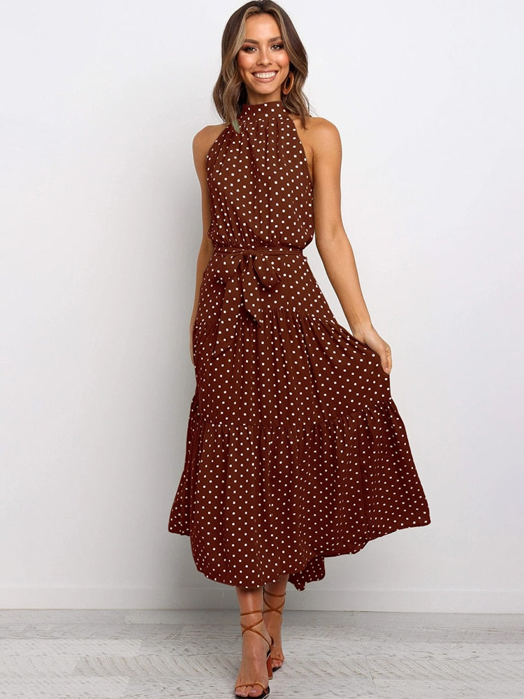 Women's Halter Midi Dress - Polka Dot Print - Tiered Flowy Skirt - Waist Tie