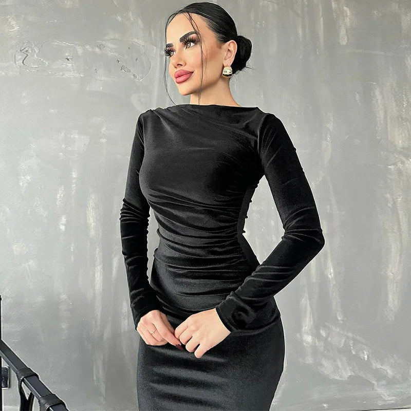 Ruched Stretch Fit Long Sleeve Bodycon Dress