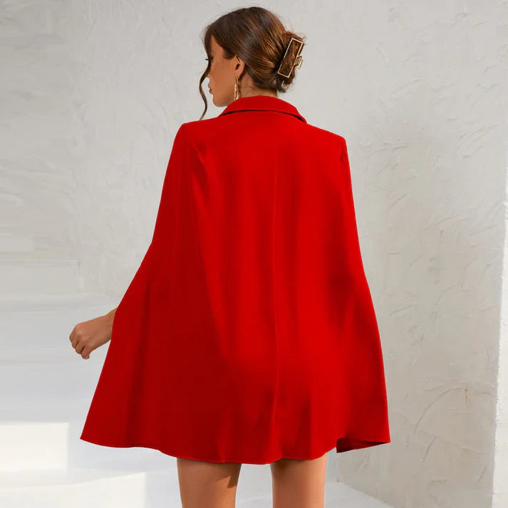 Women's Blazer Dress - Double-Breasted - Cape Overlay - Belted Waist - Tailored Fit