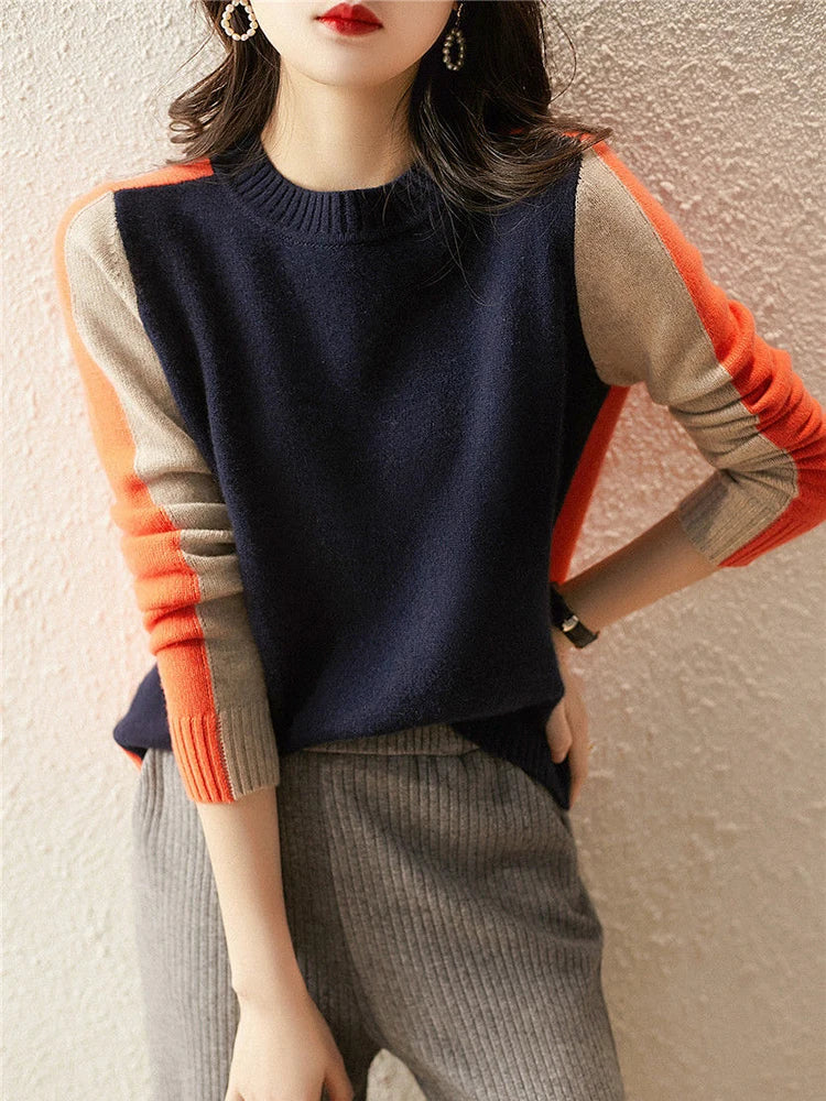 Women’s Knitted Sweater - Relaxed Fit - Ribbed Round Neck - Soft Cozy Feel