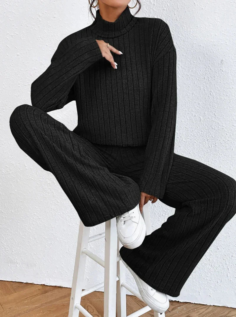 Women's solid color high collar long sleeve ribbed two-piece set