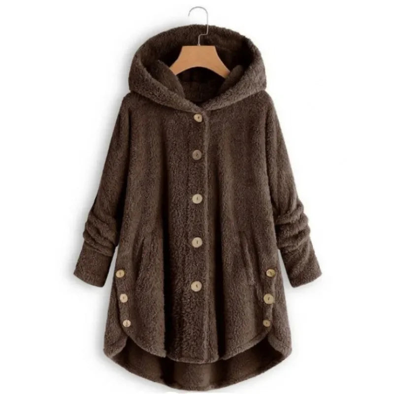 Women’s Fleece Jacket – Relaxed Fit – Hooded – Button Front – Long Back Hem – Pockets