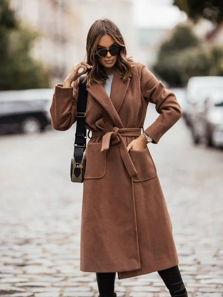 Women's Trench Coat - Long Wrap Style - Wide Lapel Collar - Belted Waist