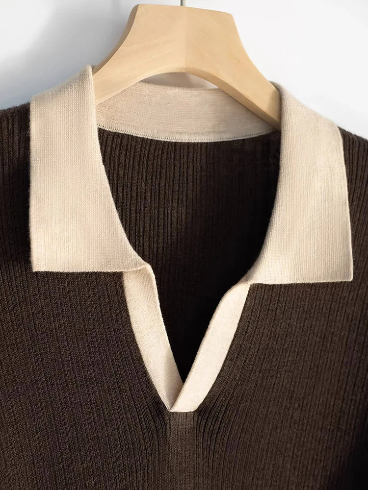 Ribbed Contrast Collar V-Neck Sweater