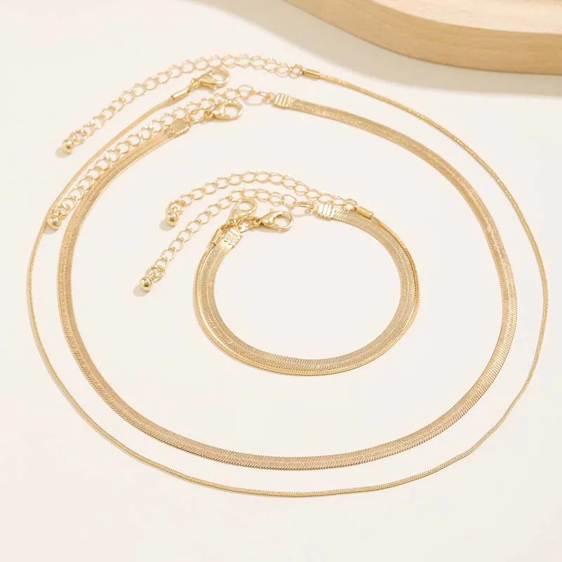 Women's vintage flat snake bone chain necklace & bracelet set