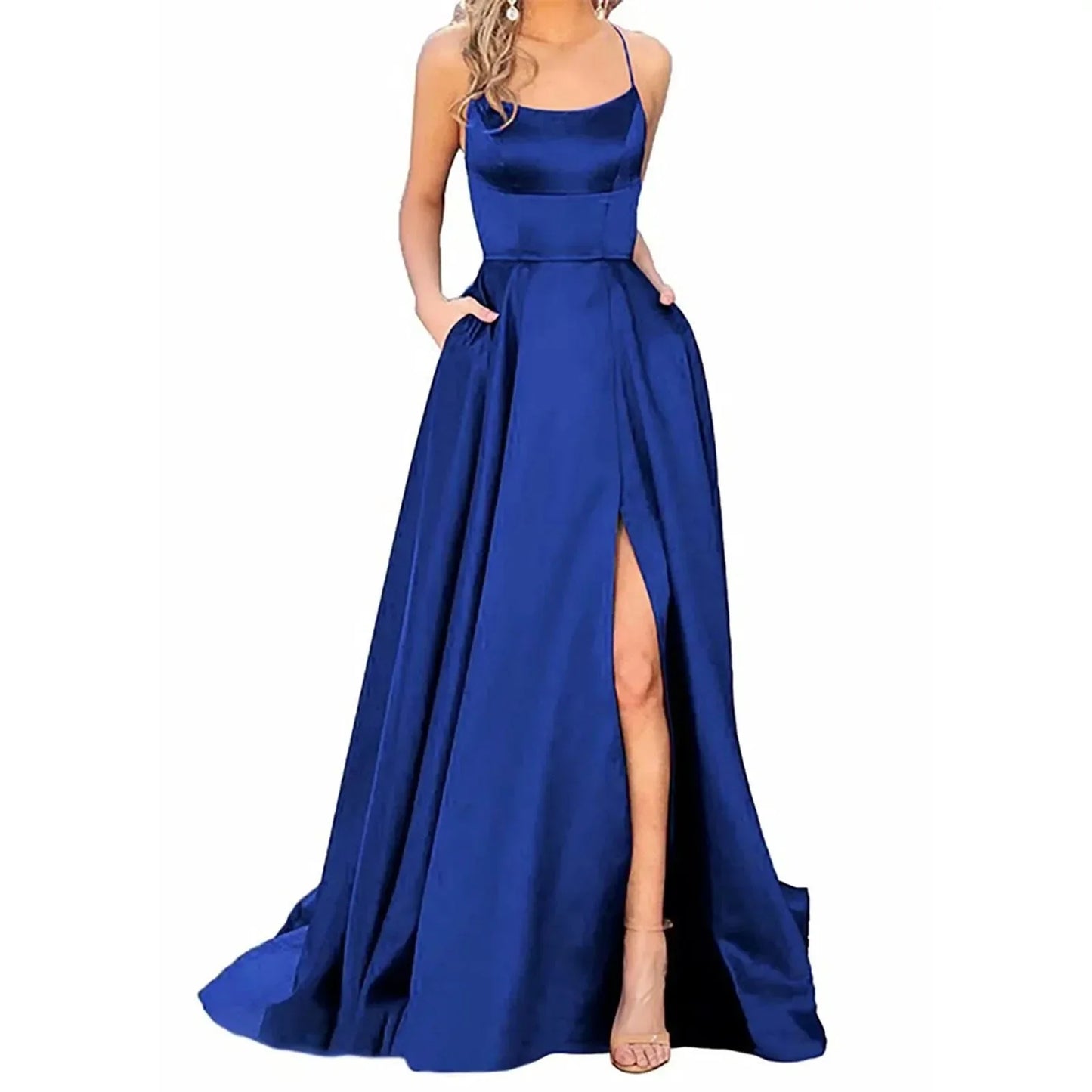 Women's Evening Dress with Spaghetti Straps and High Slit