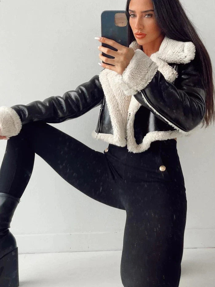 Women's classic leather coat with wide collar