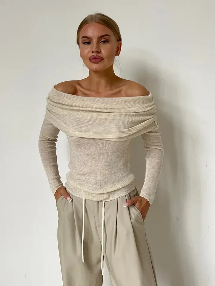 Women’s Off-Shoulder Top – Ribbed Knit – Fitted Silhouette – Long Sleeve Casual Wear