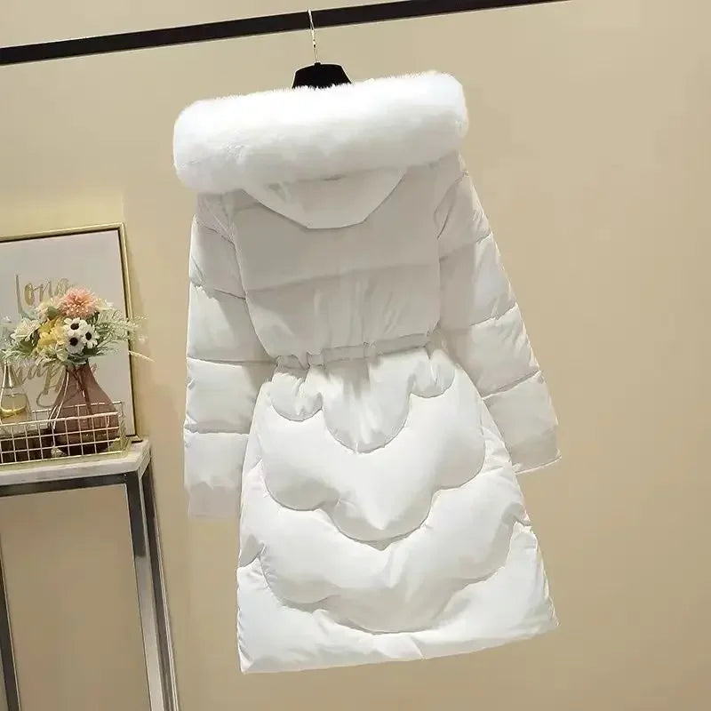 Women's winter midi-length hooded padded jacket with drawstring waist
