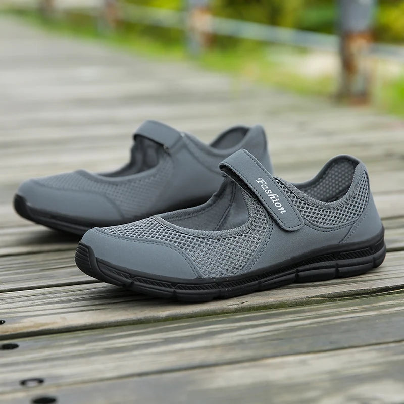 Women's Slip-On Flats - Breathable Mesh - Hook-and-Loop Strap - Lightweight Comfort