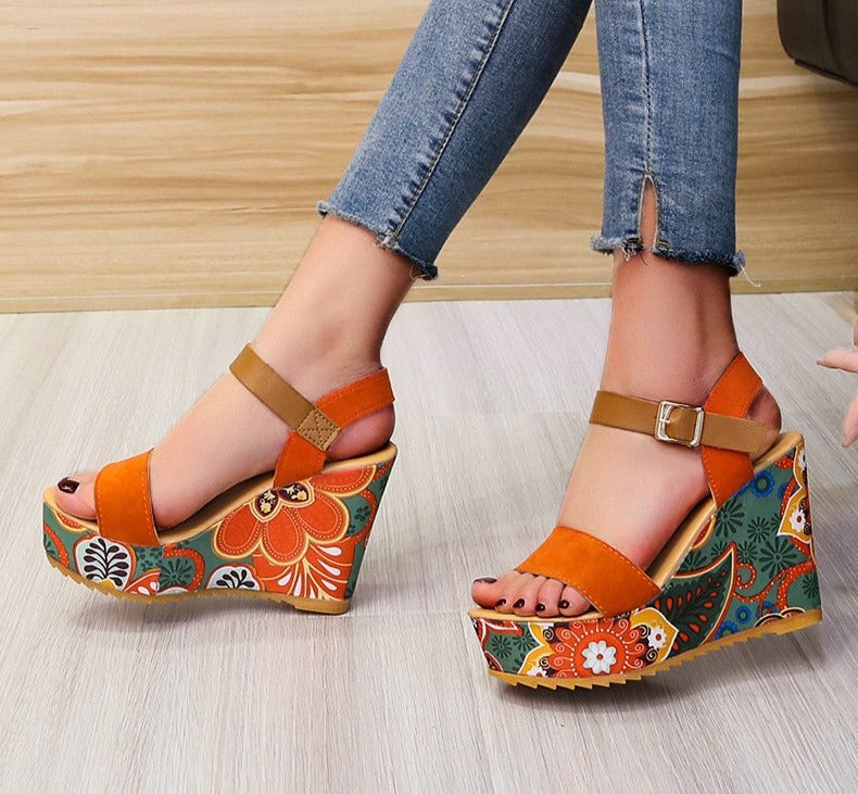 Women's Wedge Sandals - High Platform - Ankle Strap - Stylish Printed Heel