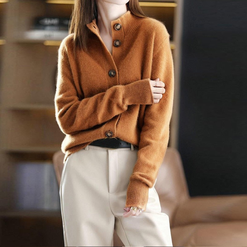 Women’s Cardigan – Wool Blend – Relaxed Fit – Button-Up – Ribbed Hem & Cuffs
